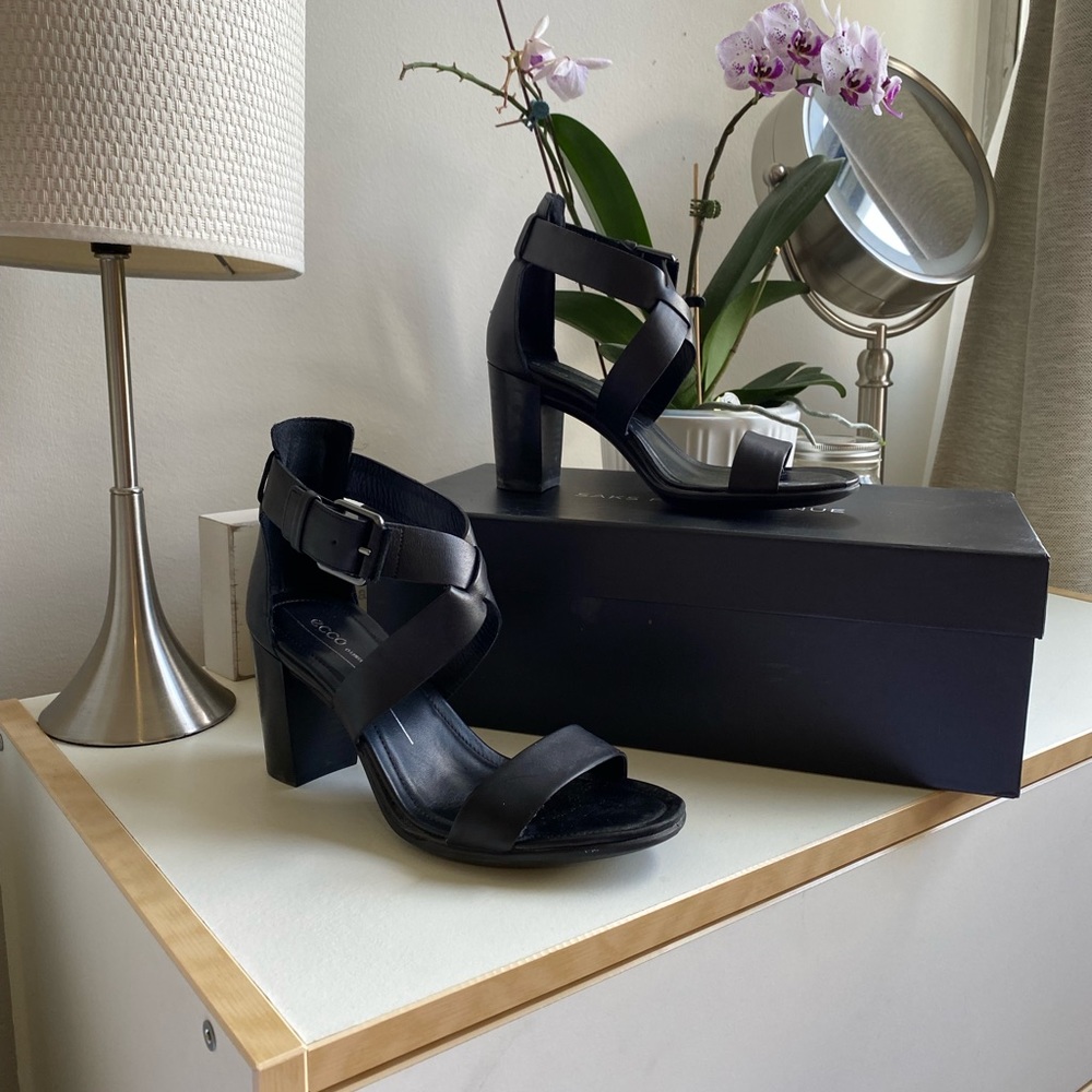 Black Leather Ecco Sandal Heels
